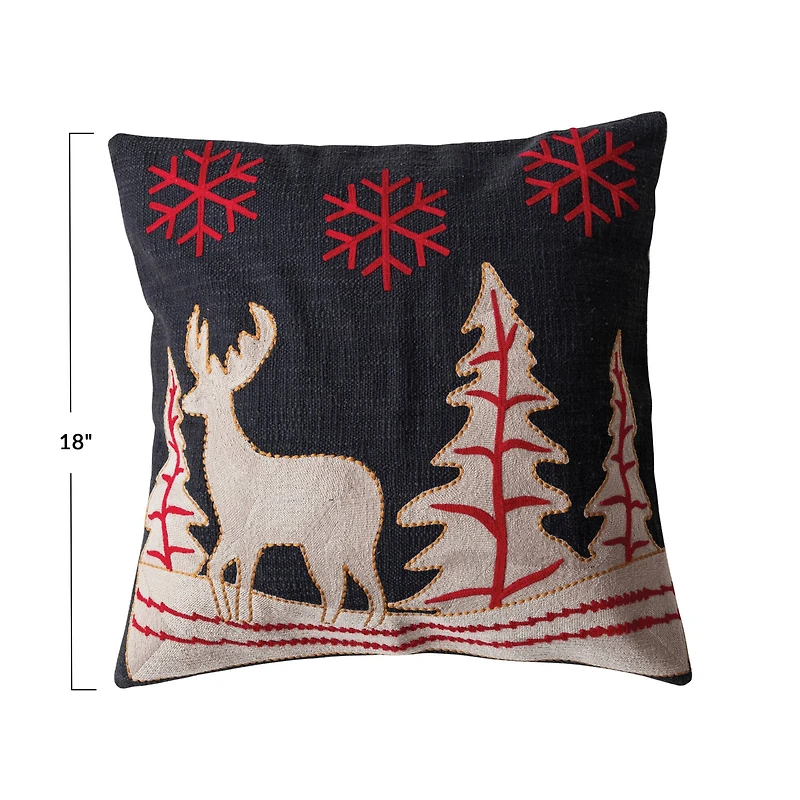 Hello Honey® 18" Embroidered Winter Scene with Reindeer Cotton Slub Throw Pillow