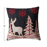 Hello Honey® 18" Embroidered Winter Scene with Reindeer Cotton Slub Throw Pillow