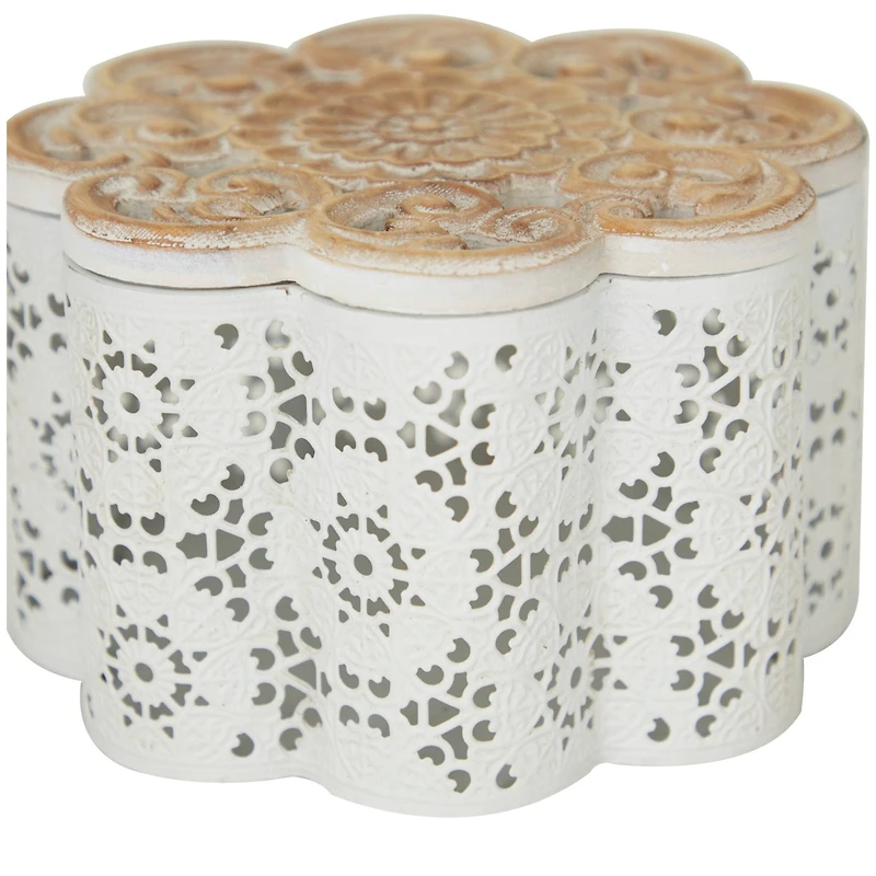 White Metal Quatrefoil Decorative Jars with Wood Carved Lids Set