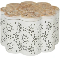 White Metal Quatrefoil Decorative Jars with Wood Carved Lids Set