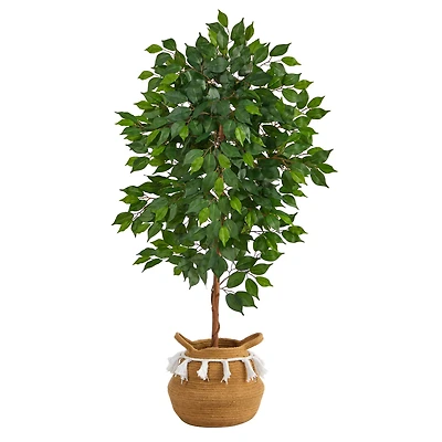 4ft. Ficus Artificial Tree in Boho Chic Handmade Natural Cotton Woven Planter with Tassels