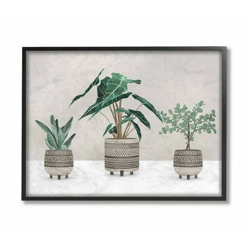 Stupell Industries Plants In Patterned Pots Neutral Grey Design in Black Frame Wall Art