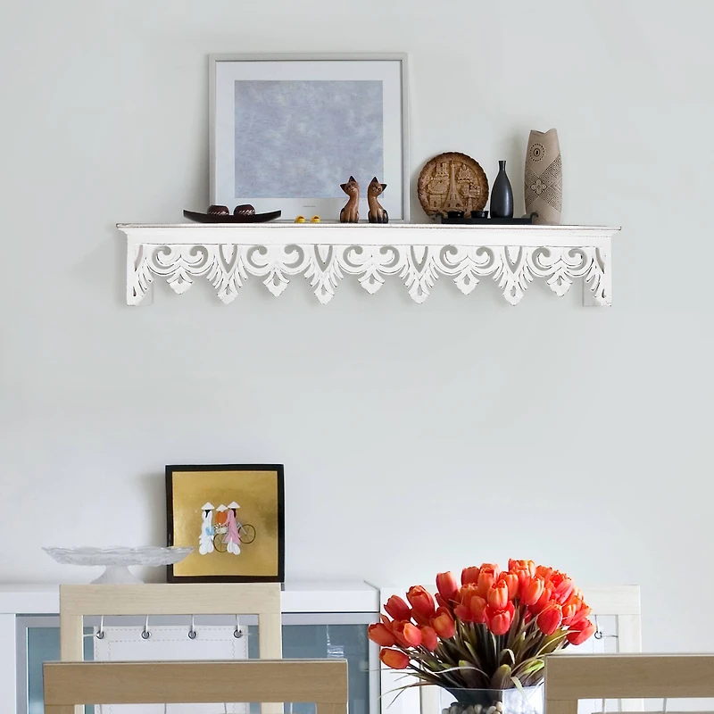 30" White Hand-Carved Floating Wall Shelf