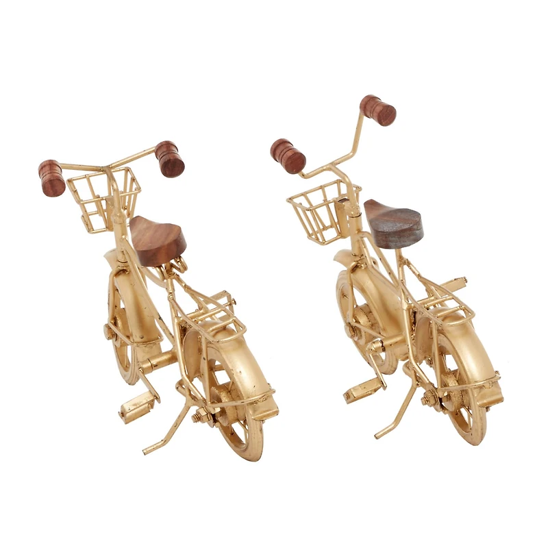 11" Gold Metal Bike Sculpture with Wood Accents Set