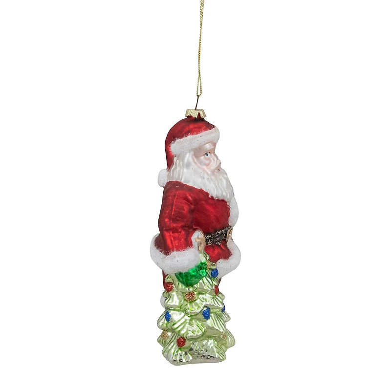 5.5" Red Classic Santa With Tree Hanging Glass Christmas Ornament