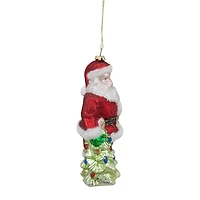 5.5" Red Classic Santa With Tree Hanging Glass Christmas Ornament
