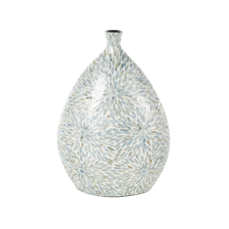 24.25" Blue & Cream Floral Mosaic Mother of Pearl Vase