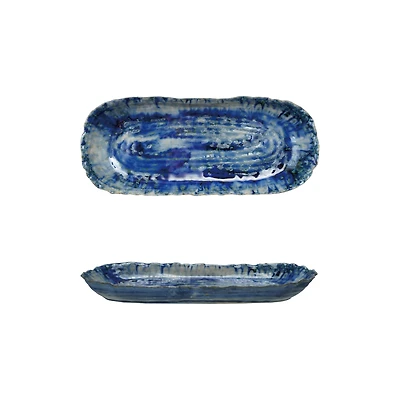 Hello Honey Stoneware Organic Shaped Platter with Reactive Crackle Glaze, Blue, Set of 2