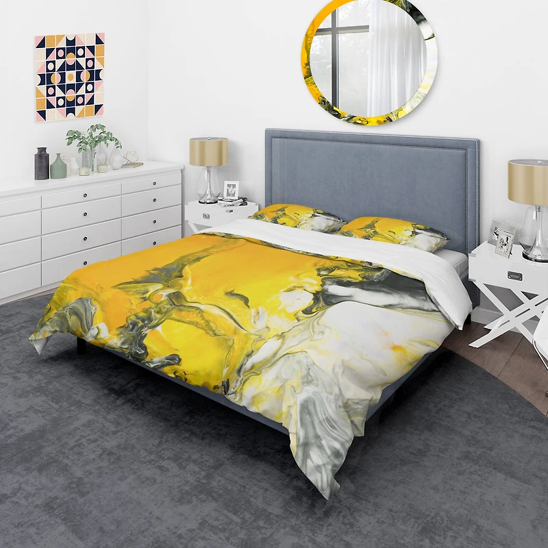 Designart 'White and Yellow Marbled Acrylic with a cloud of Black' Modern & Contemporary Bedding Set