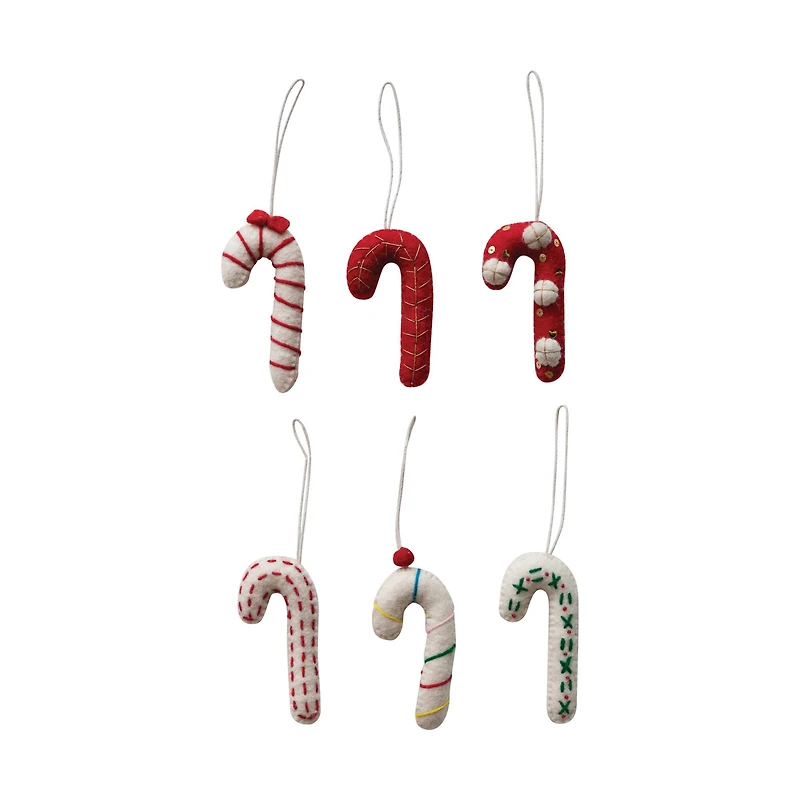 Hello Honey® 6 Pack 4" Embroidered Candy Cane Wool Felt Ornaments