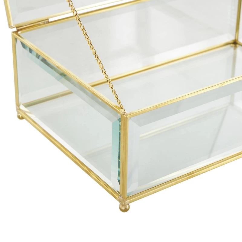 Clear & Gold Beveled Glass & Metal Rectangle Footed Jewelry Box with Chain Accent Set