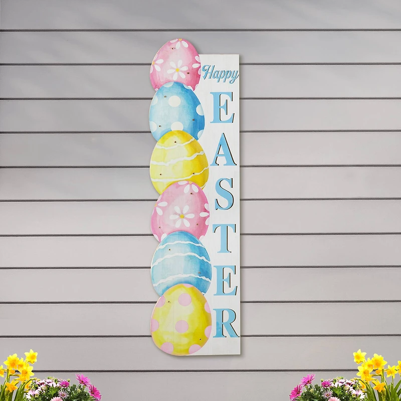 Glitzhome® 42" Lighted Wooden Stacked Eggs "Happy Easter" Porch Sign with Timer