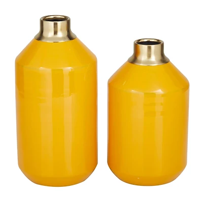 The Novogratz Set of 2" Yellow Metal Modern Vase, 10" x 5" x 5"