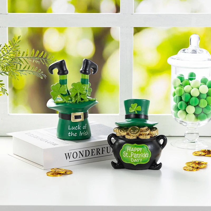 Glitzhome® Set of 2 St. Patrick's Resin Pot of Gold & Leprechaun Hat Table Decor