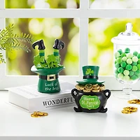 Glitzhome® Set of 2 St. Patrick's Resin Pot of Gold & Leprechaun Hat Table Decor