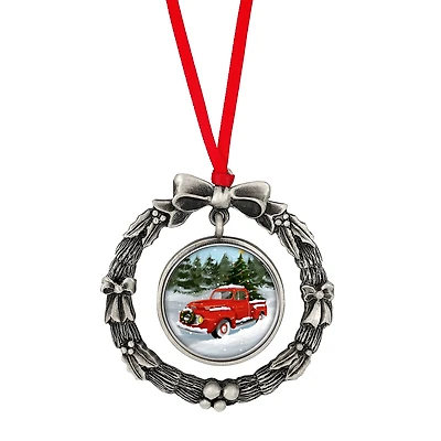 JFK Half Dollar Wreath Ornament With Colorized Vintage Red Christmas Tree Truck Coin