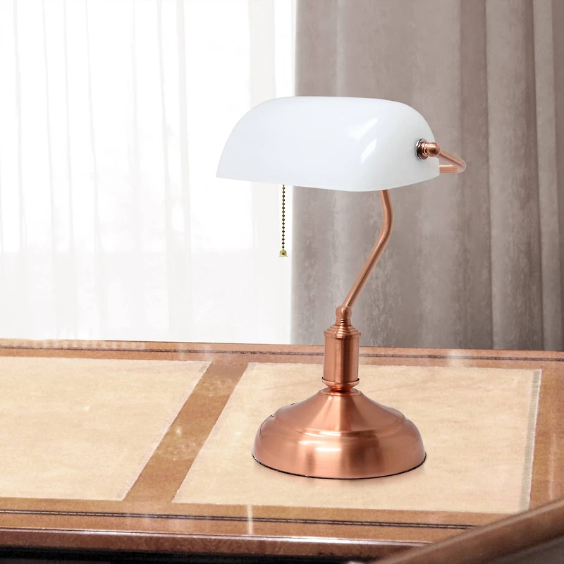 Simple Designs Executive Banker's Rose Gold Desk Lamp with White Shade