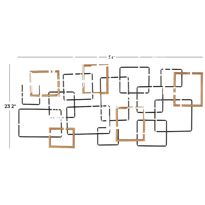 Black Metal Geometric Overlapping Wire Square Wall Décor with Gold Accents