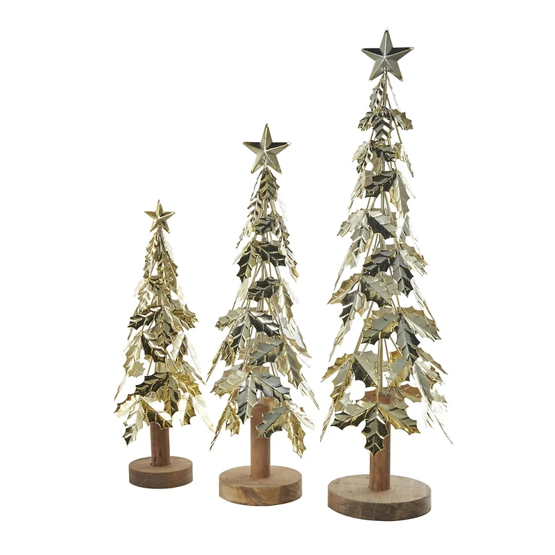 Gold Metal Layered Holly Leaf Christmas Tree Sculpture Set