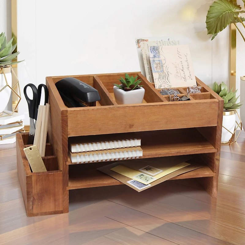 Elegant Designs Natural Wood Cubbies & Letter Tray Desk Organizer