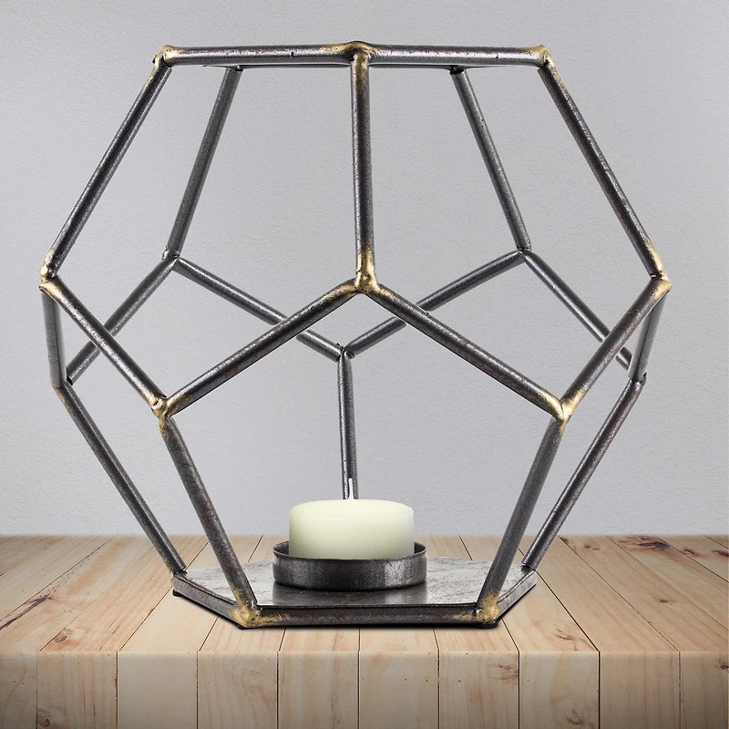 8" Dark Steel & Gold Geometric Metal Candle Holder