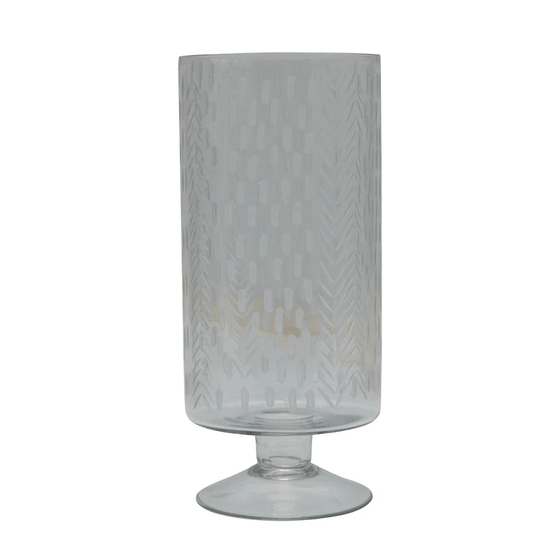 Hello Honey® 11" Glass Footed Hurricane Vase with Etched Pattern