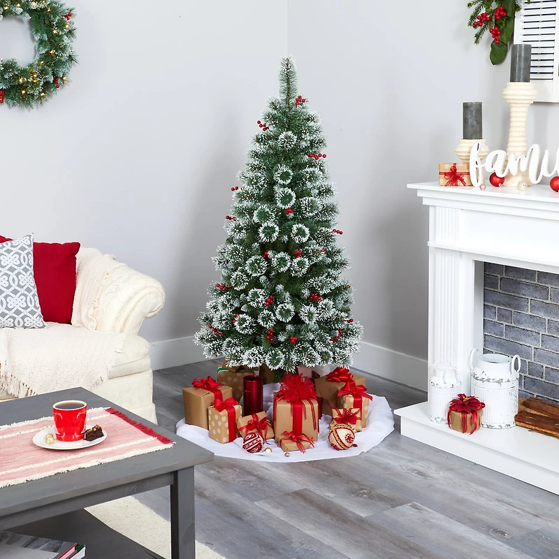 5ft. Pre-Lit Frosted Swiss Pine Artificial Christmas Tree with Berries, Clear LED Lights