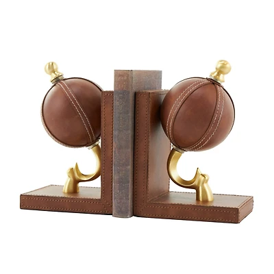 9" Brown Leather Globe Handmade Stitched Bookends Set