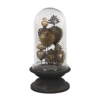 Hello Honey® 15" Decorative Tin Sacred Hearts on Wood Pedestal with Glass Cloche