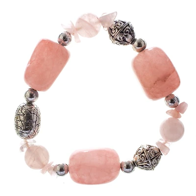 John Bead Rose Quartz Stretch Bracelet with Silver Filigree Beads