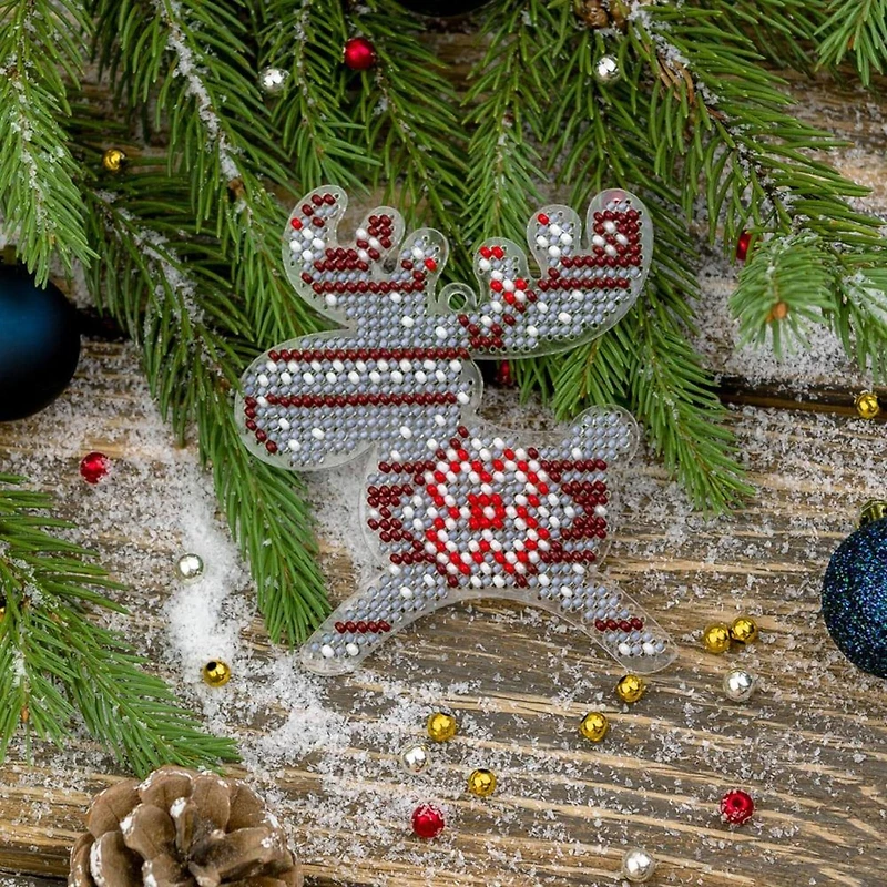 Wonderland Crafts Red & Blue Fair Isle Moose Ornament Bead Embroidery on Plastic Kit