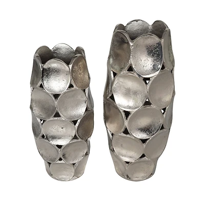 Silver Aluminum Geometric Open Framed Vase Set with Circular Plates