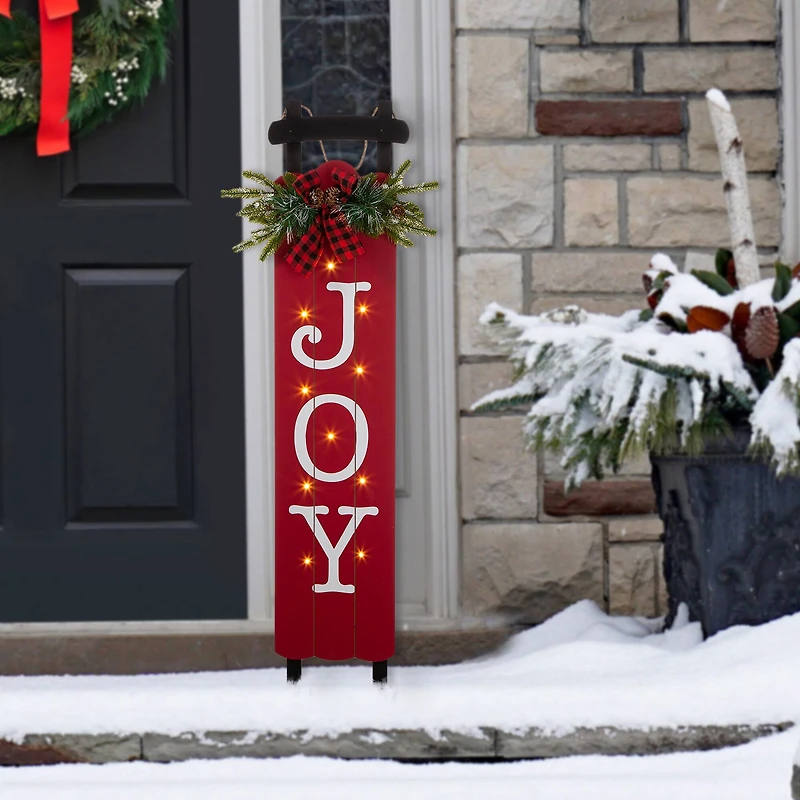 Glitzhome® 40" Lighted Wooden Sleigh JOY Porch Sign with Timer