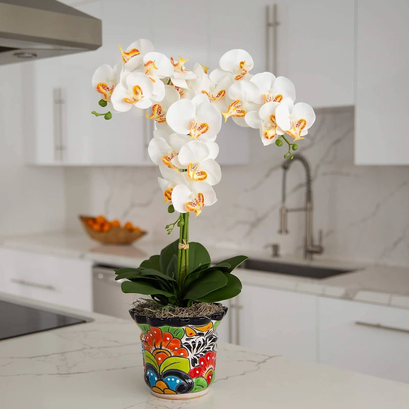 2.25ft. Artificial Triple Orchid Arrangement in Handmade Mexican Talavera Ceramic Planter