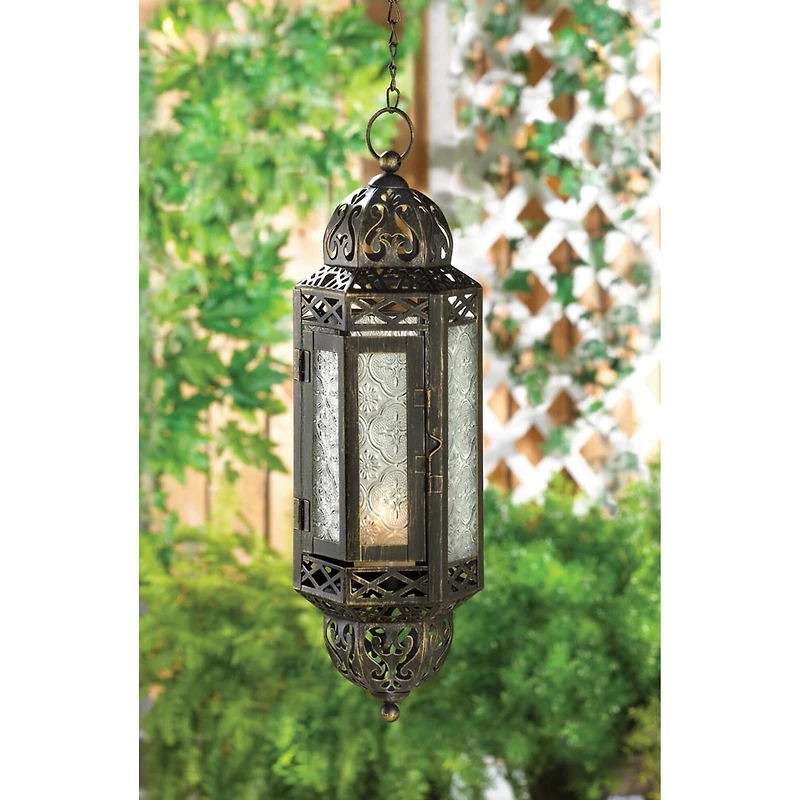 13" Antique Victorian Black Filigree Embellished Hanging Candle Lantern