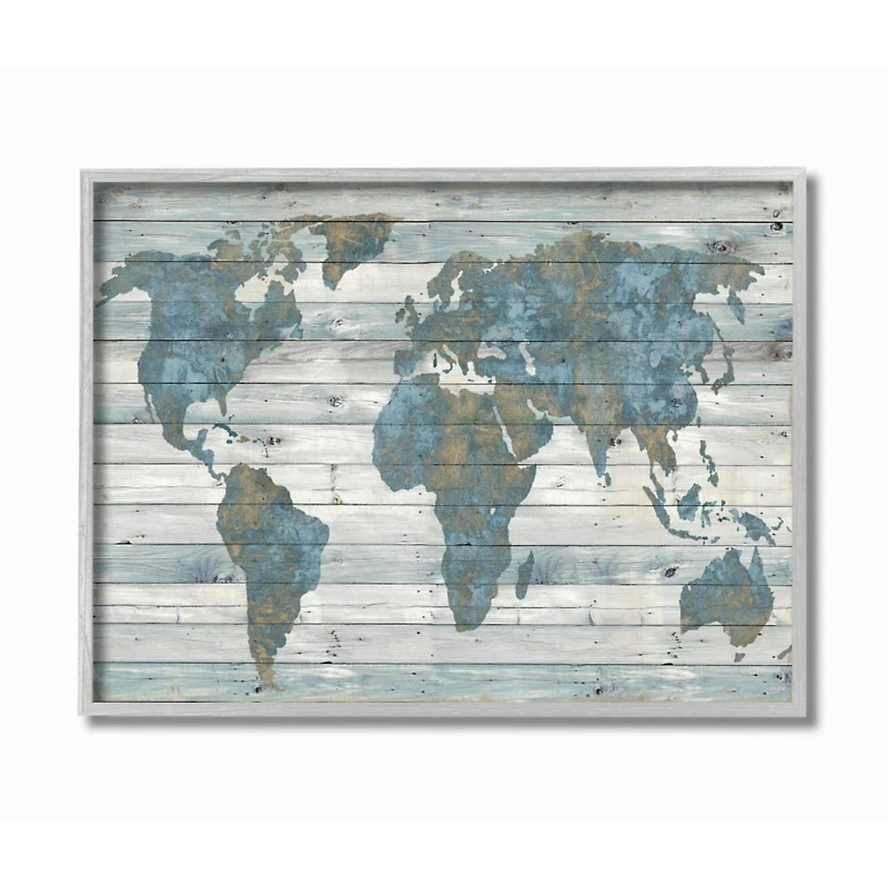Stupell Industries Weathered World Map Gray Framed Print