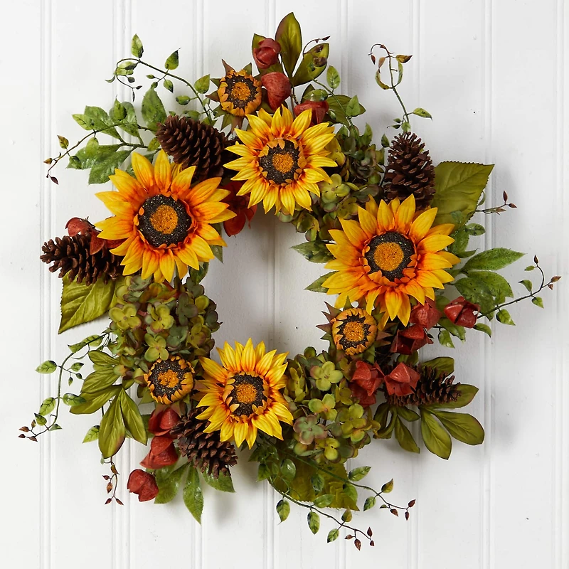 26" Hydrangea, Sunflower & Pinecones Artificial Autumn Wreath