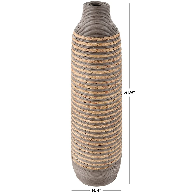 32" Brown Seagrass Handmade Braided Vase with Layered Gray Paneling