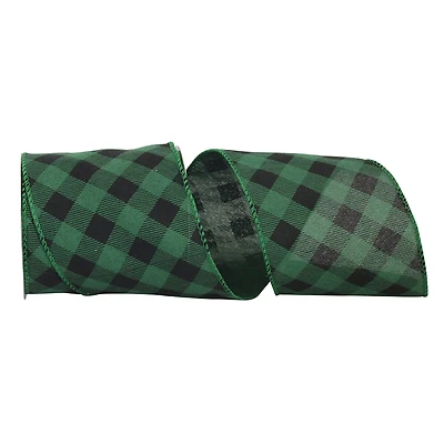 Reliant 4" x 10yd. Green & Black Diagonal Buffalo Check Wired Ribbon