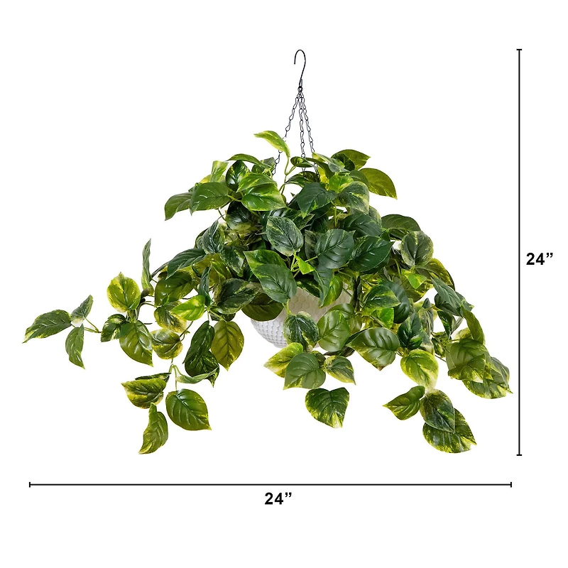 24" UV Resistant Artificial LED Pothos in White Hanging Basket