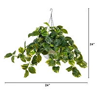 24" UV Resistant Artificial LED Pothos in White Hanging Basket