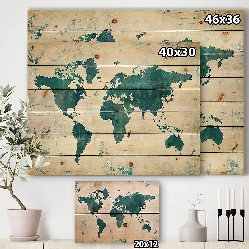 Designart - Discover the World Map in Blue - Traditional Print on Natural Pine Wood