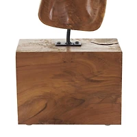 31" Brown Abstract Cutout Teak Wood Sculpture with Block Base