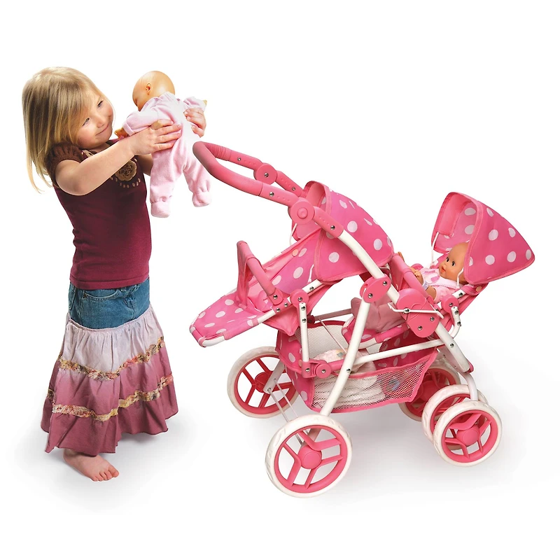 Badger Basket Pink Polka Dot Reversible Double Doll Stroller