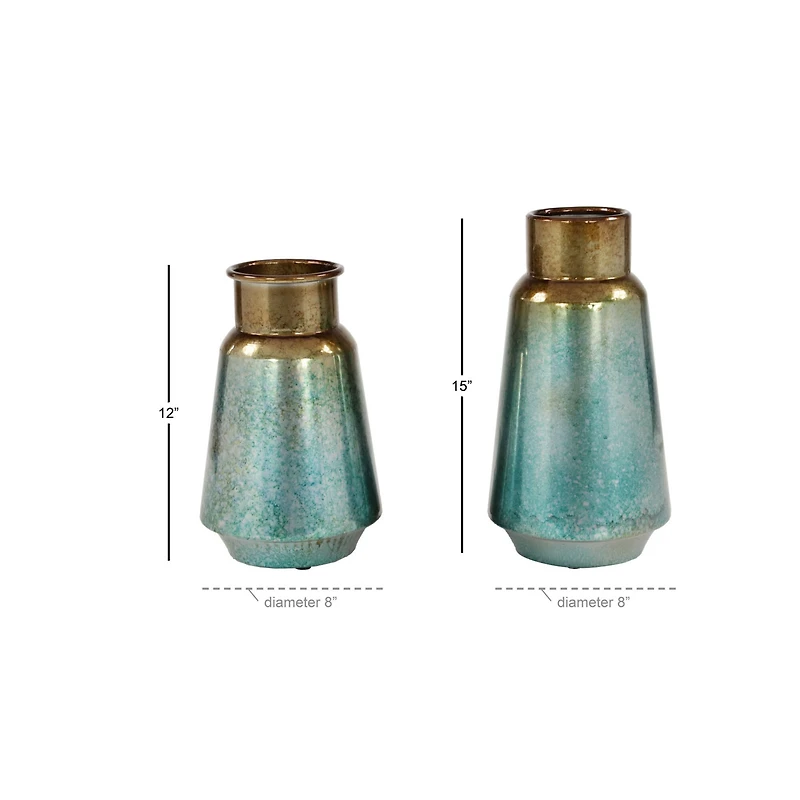 Set of 2 Turquoise Metal Rustic Vase, 15", 12"