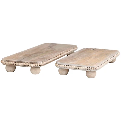 Light Brown Mango Wood Beaded Decorative Tray Set