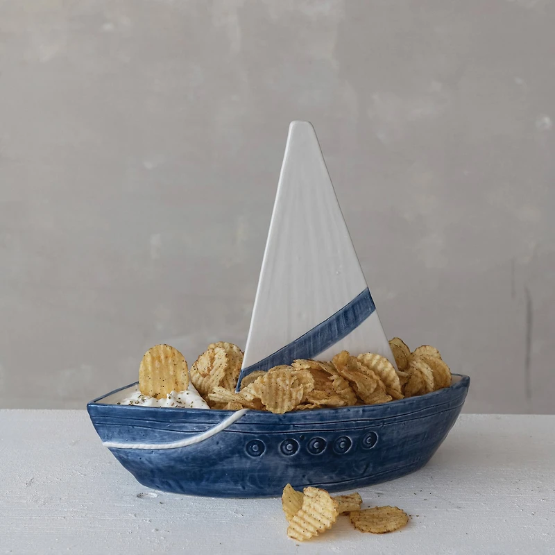 Hello Honey Stoneware Sailboat Shaped Chip and Dip with 2 Sections and Removable Sail, Blue and White