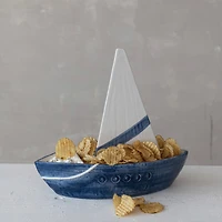Hello Honey Stoneware Sailboat Shaped Chip and Dip with 2 Sections and Removable Sail, Blue and White