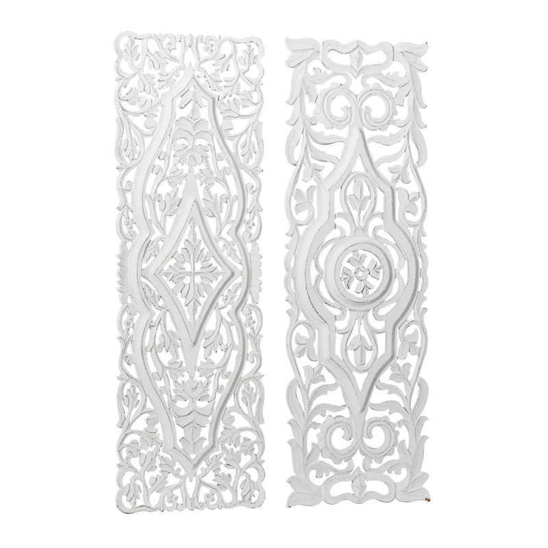 Set of 2 White Mango Wood Farmhouse Abstract Wall Decor, 16" x 48"