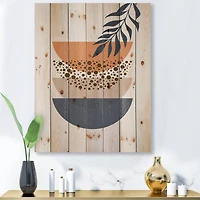 Designart - Abstract Geometrical Sun and Moon With Leaf IV - Modern Print on Natural Pine Wood